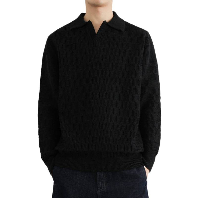 Herren Feinstrick-Polo-Pullover mit Strukturstrick und offenem V-Ausschnitt Chichicherry