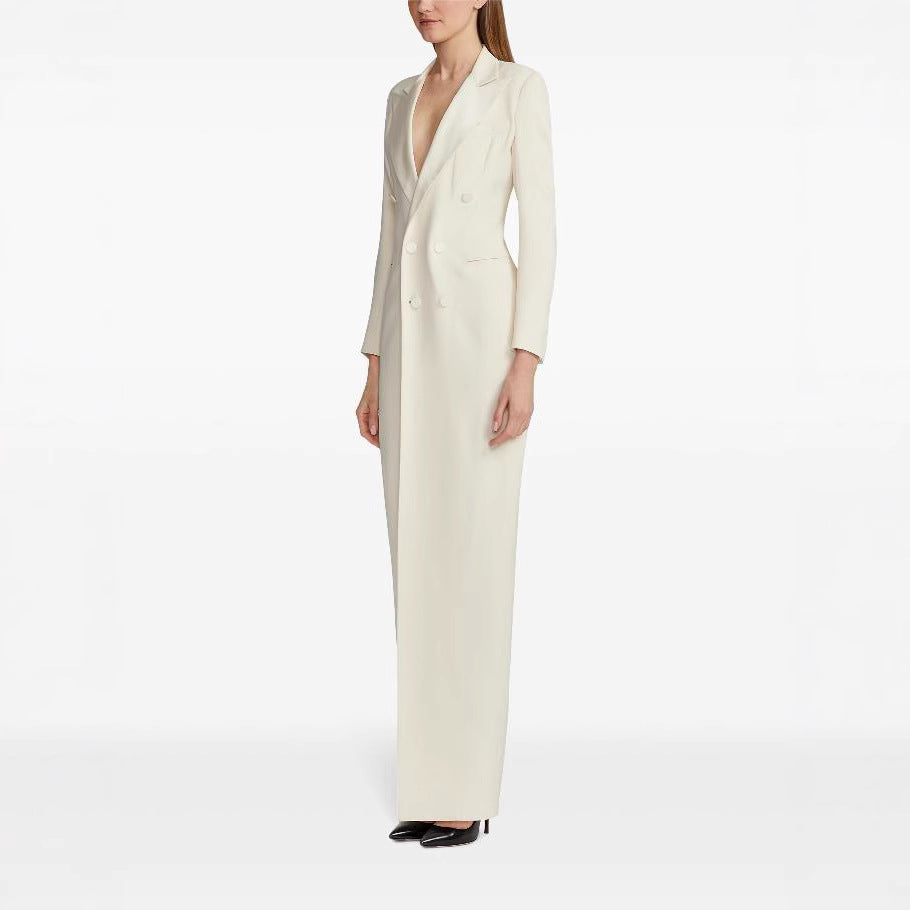 Women’s Long Tuxedo Jacket Dress with Fitted Cut and Leg Slit Chichicherry