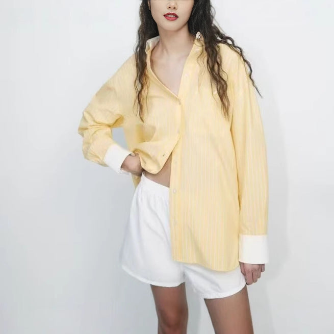 Women Oversized Shirt Blouse with Contrast Collar and Cuffs Chichicherry