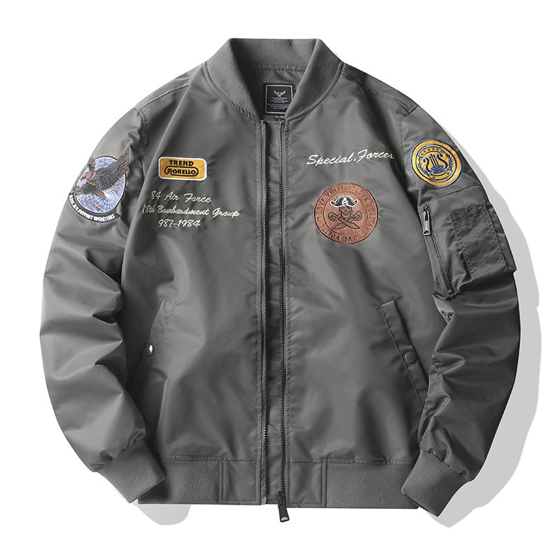 Men's pilot blouson with military patches, arm pocket, and windproof nylon look Chichicherry