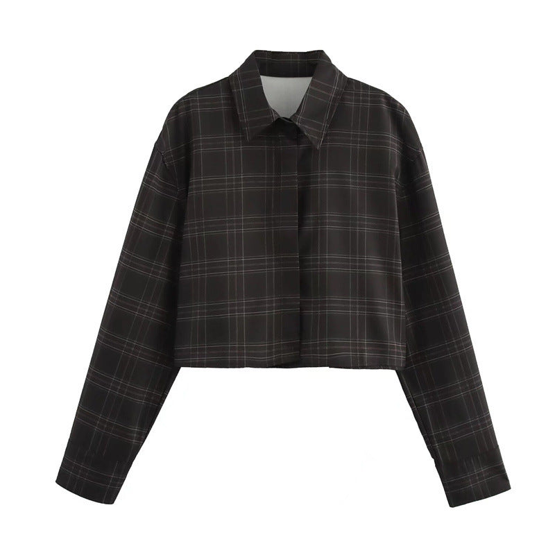 Women's Cropped Boxy Shirt Jacket in Checkered Pattern with Concealed Button Placket Chichicherry