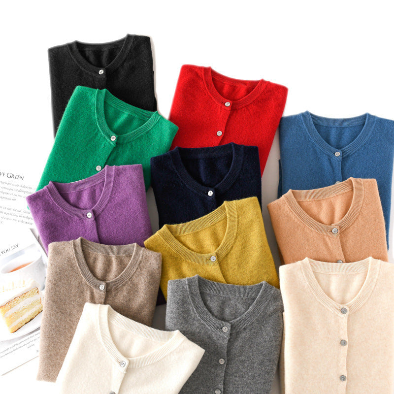 Women Light Round Neck Button Cardigan in Cashmere Optics with Fine Ribbed Edge and Casual Silhouette Chichicherry