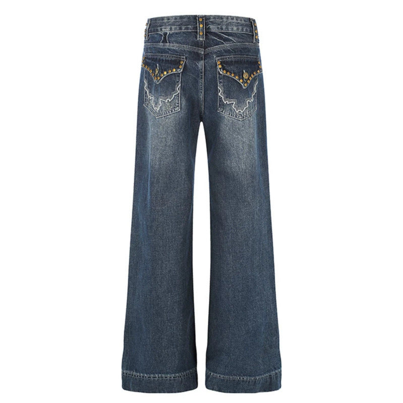 Women's Wide High-Waist Denim Palazzo Jeans with Wide Legs and Vintage Wash Chichicherry