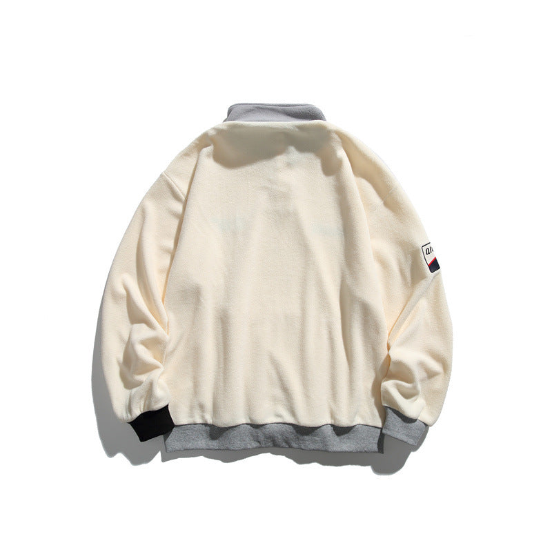 Unisex Fleece Half-Zip Pullover with Stand-Up Collar, Kangaroo Pocket and Contrast Cuffs Chichicherry