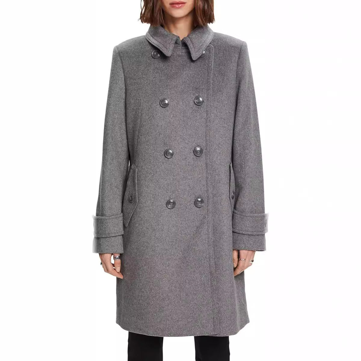 Women's Mid-length Double-breasted Navy-inspired Wool-blend Peacoat with Flap Pockets Chichicherry