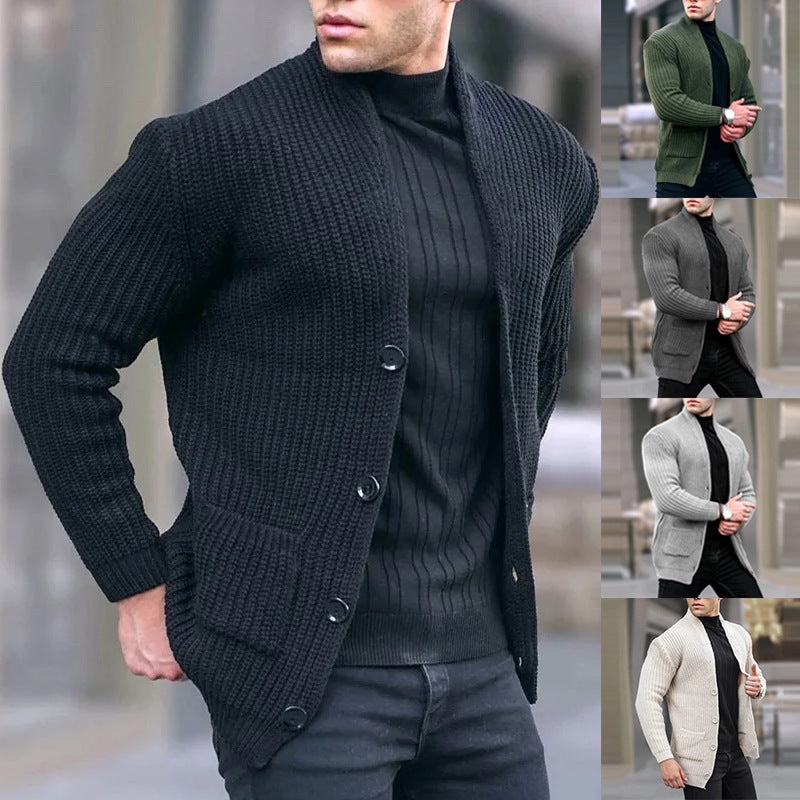 Men's chunky knit cardigan with shawl collar and patch pockets Chichicherry