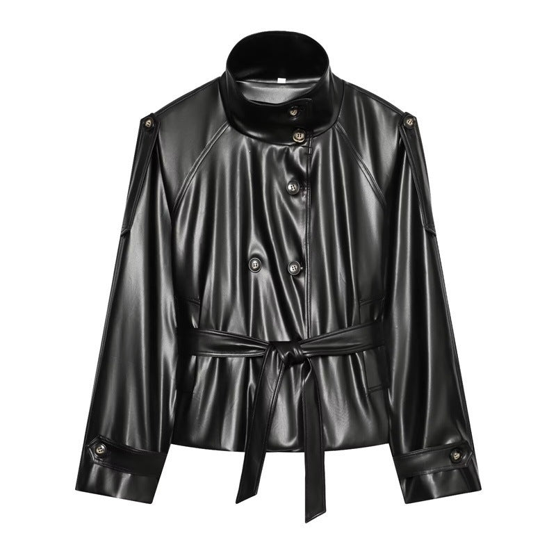 Women tailored faux leather jacket with stand-up collar, tie belt and double-breasted button placket Chichicherry