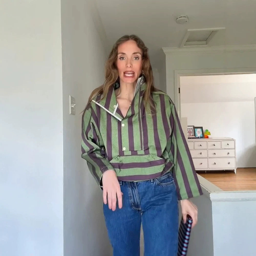 Women Oversized Stripe Sweater with Half Zipper, Stand Collar and Kangaroo Pocket Chichicherry