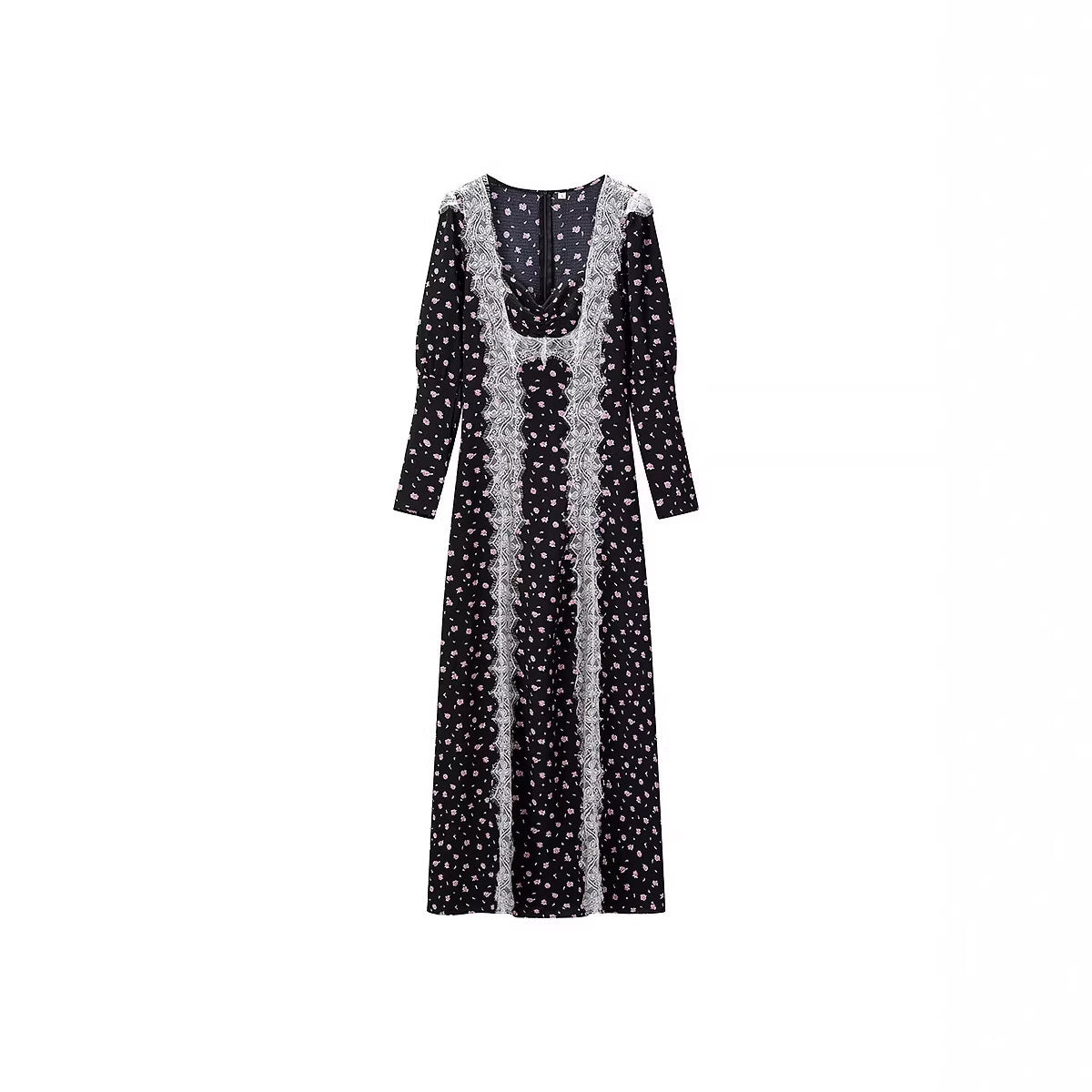 Women’s Maxi Dress with Lace Trim and Floral Allover Print Chichicherry