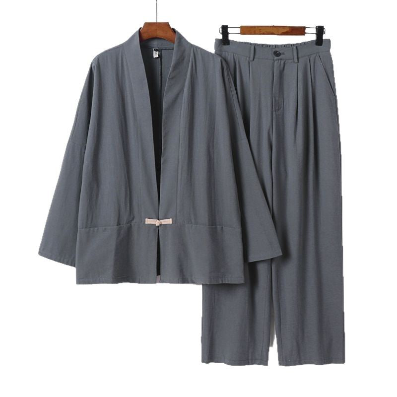 Women's Kimono Lounge Set made of lightweight viscose-linen with decorative toggle closure and wide waistband pants Chichicherry