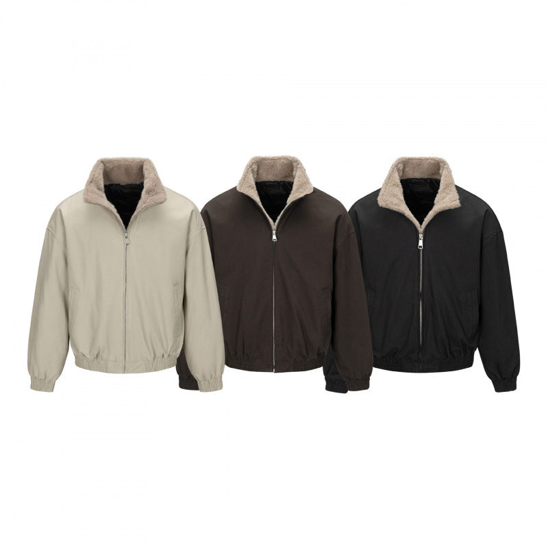 Men's Boxy Bomber Jacket with Teddy Lining and High Stand Collar Chichicherry