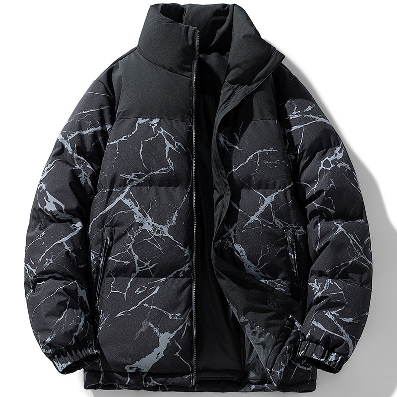 Men's padded quilted jacket with marble print, high stand collar and windproof exterior Chichicherry