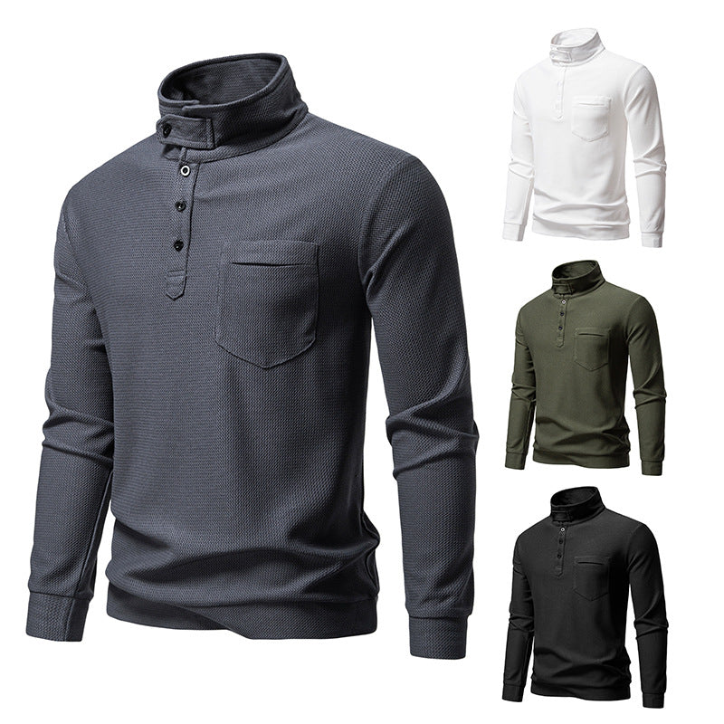 Men's Textured Waffle Knit Henley Shirt with High Collar, Button Placket and Chest Pocket Chichicherry