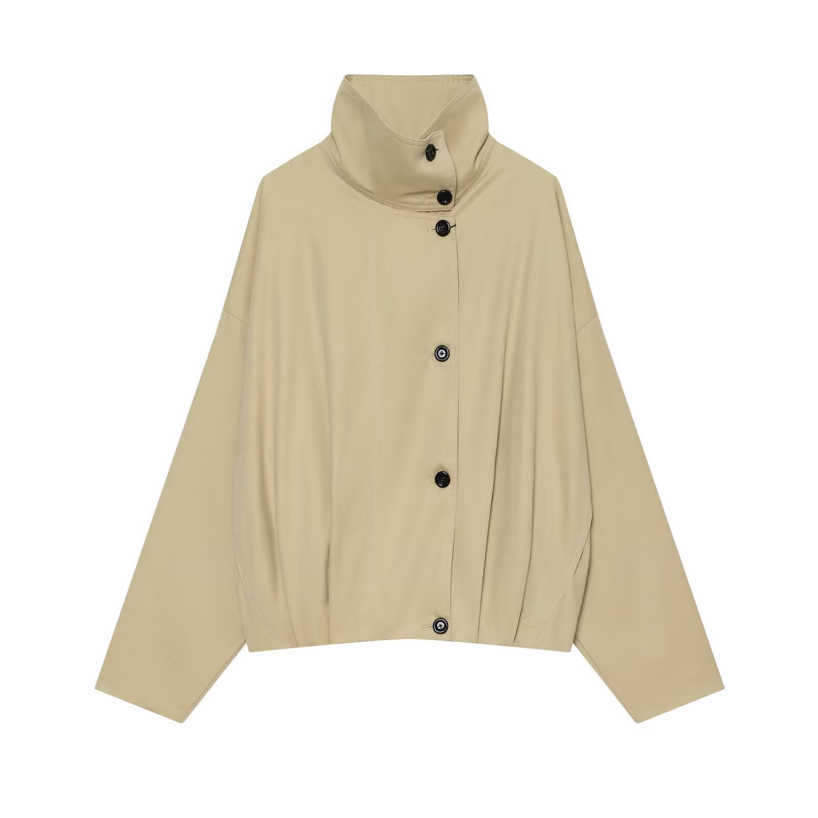 Women's Short Water-Repellent Cape Jacket with High Stand-Up Collar and Concealed Button Placket Chichicherry