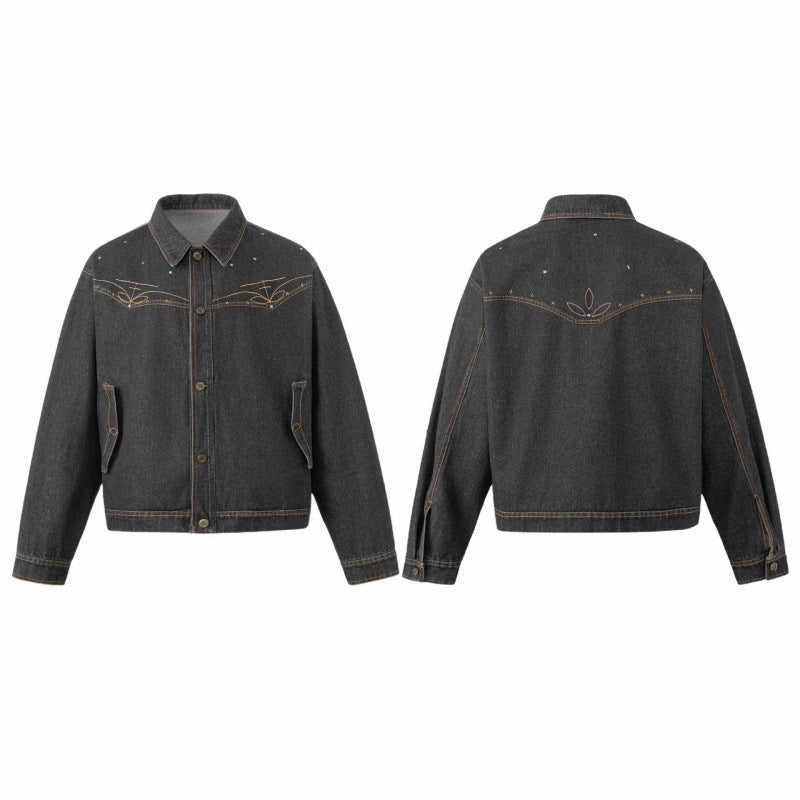 Unisex Oversize Denim Jacket in Boxy Cut with Western Embroidery and Flap Pockets Chichicherry