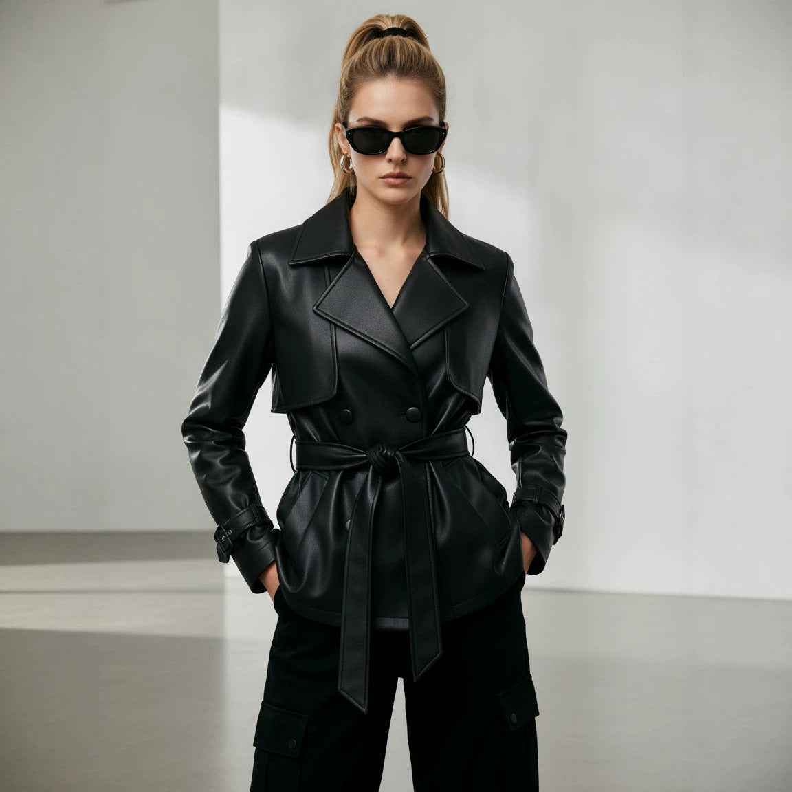 Ladies short trench coat in leather look with double-breasted button placket and waist belt Chichicherry