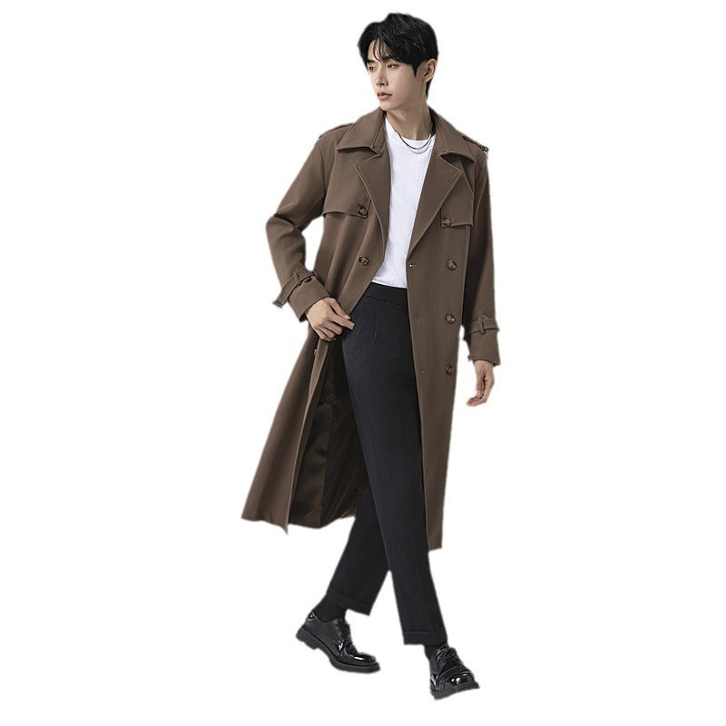 Men's Modern Maxi Long Double-Breasted Trench Coat with Classic Lapels and Adjustable Cuffs Chichicherry