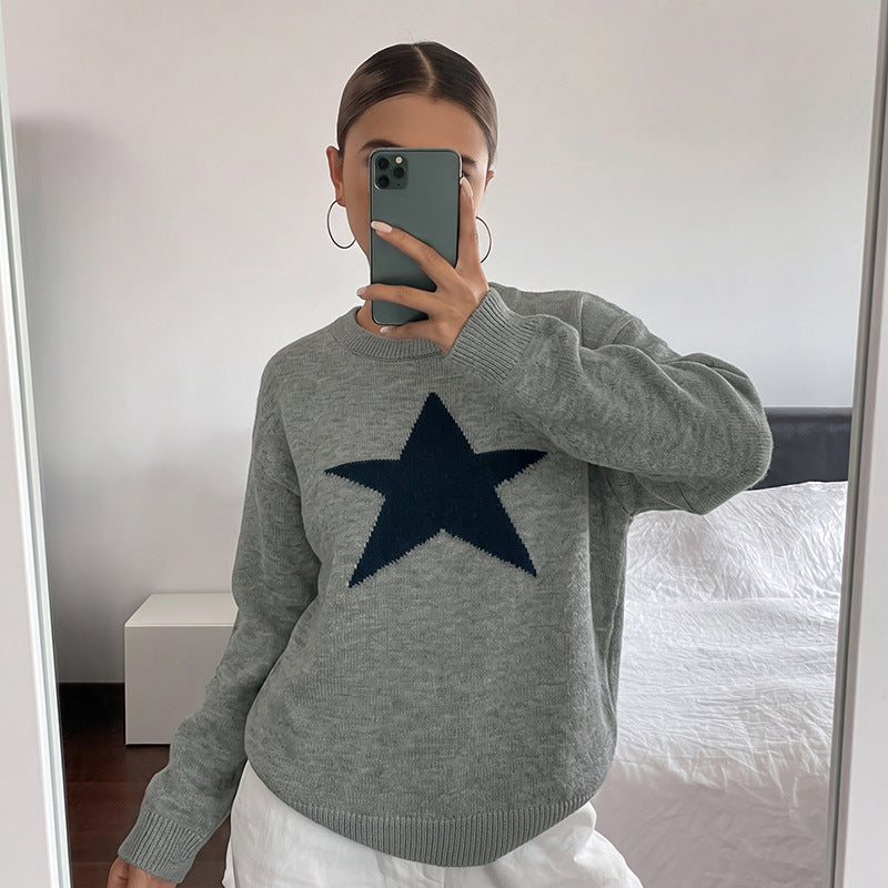 Women Relaxed Knit Sweater with Star Intarsia, Round Neckline & Casual Fit Chichicherry