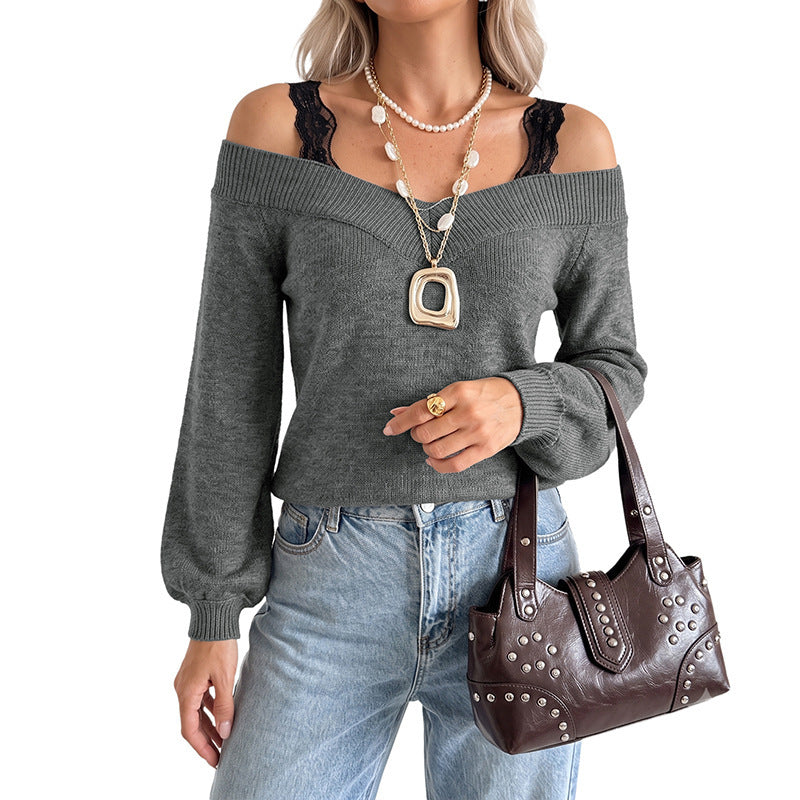 Women's Off-Shoulder V-Neck Fine Knit Sweater with Lace Strap Look and Balloon Sleeves Chichicherry