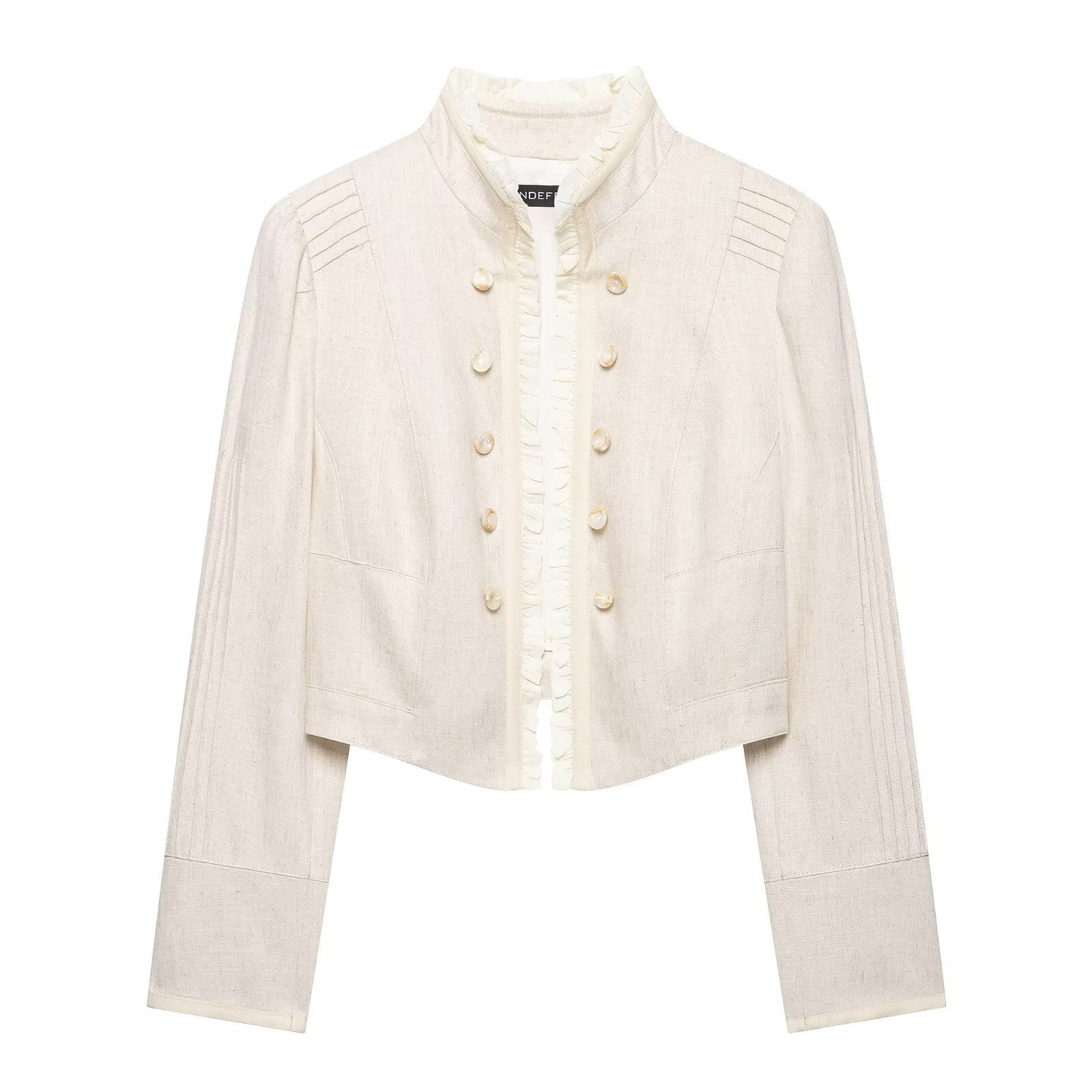 Women Cropped Jacket with Stand Collar, Pleated Sleeves and Ruffle Trim Chichicherry