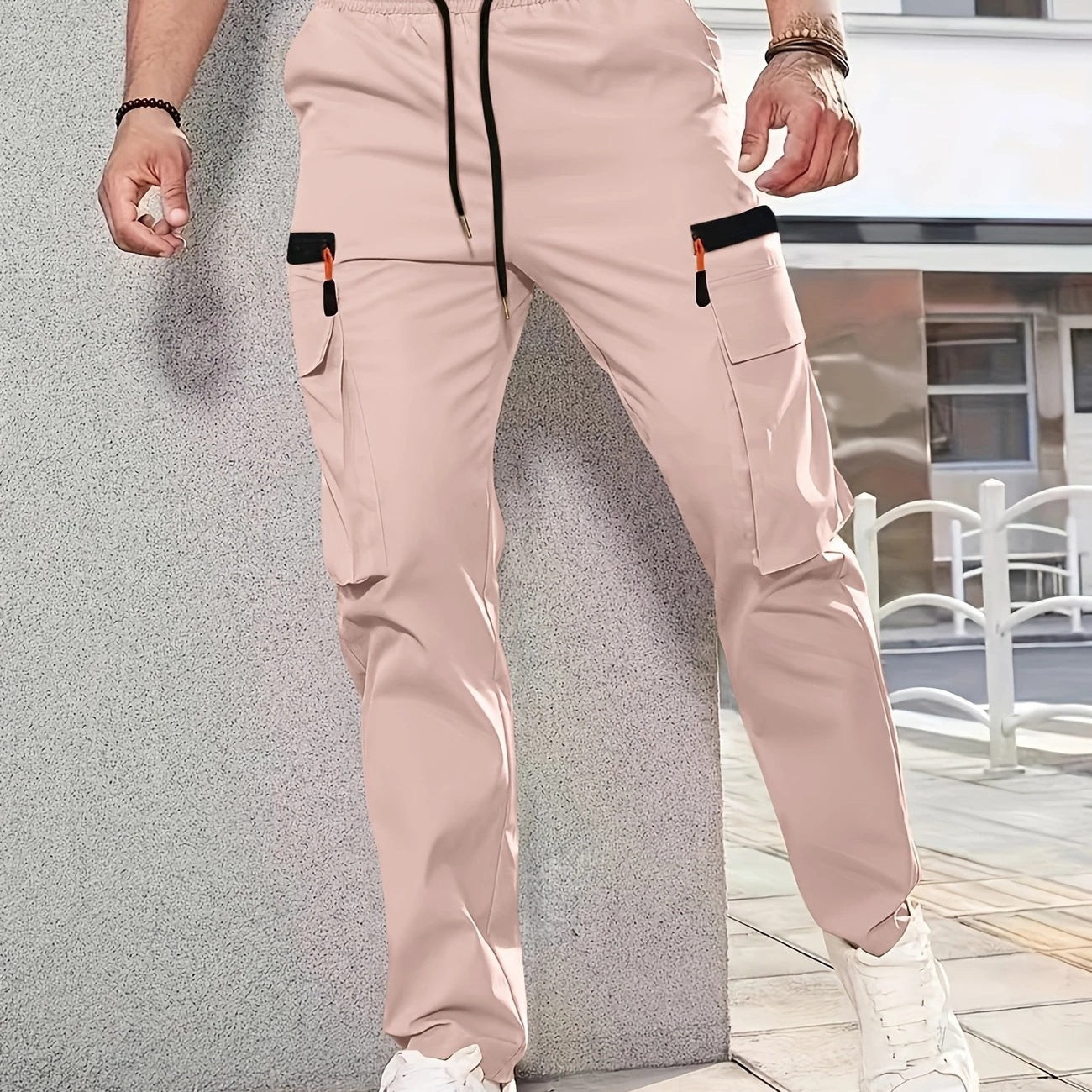 Men's Tapered Cargo Jogging Pants with Elastic Waistband, Drawstring & Multi-Pockets Chichicherry