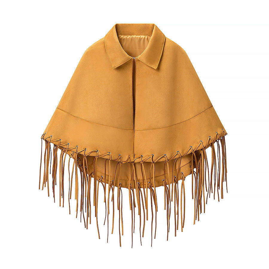Women's Suede-Look Fringe Cape with Shirt Collar and Eyelet Decoration Chichicherry
