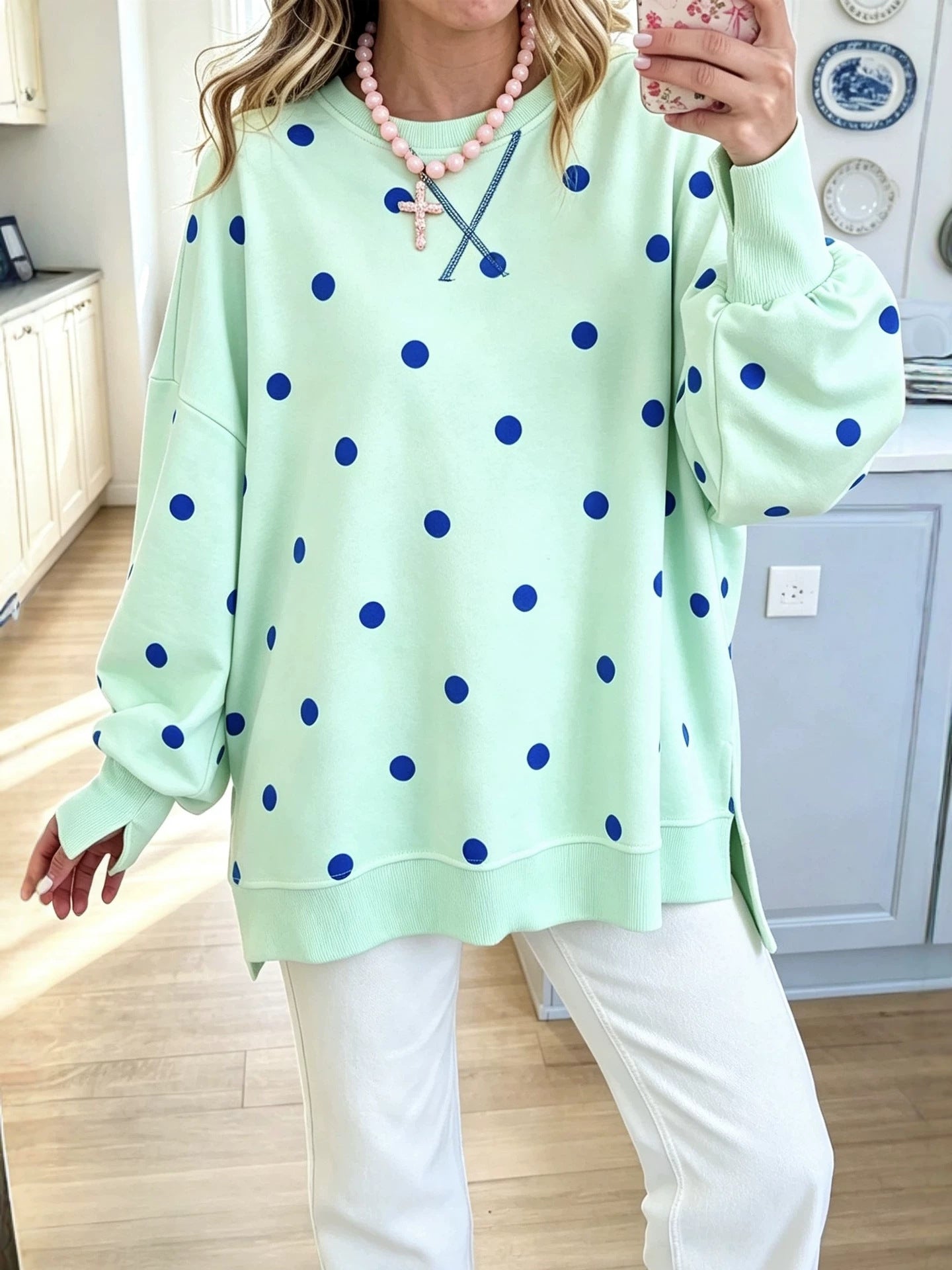 Women’s Oversized Sweatshirt with Polka Dot Print and Balloon Sleeves Chichicherry