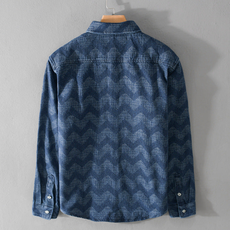 Men's Indigo-Structure Overshirt made of washed denim with zigzag jacquard, Kent collar and chest pocket Chichicherry