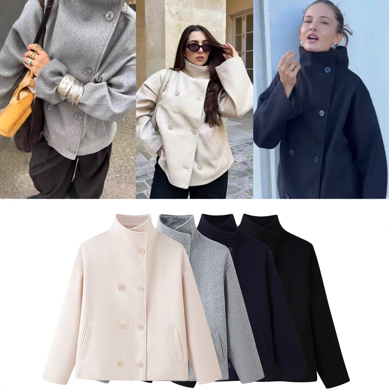 Women's Boxy Wool Blend Caban Jacket with Stand Collar and Dropped Shoulders Chichicherry