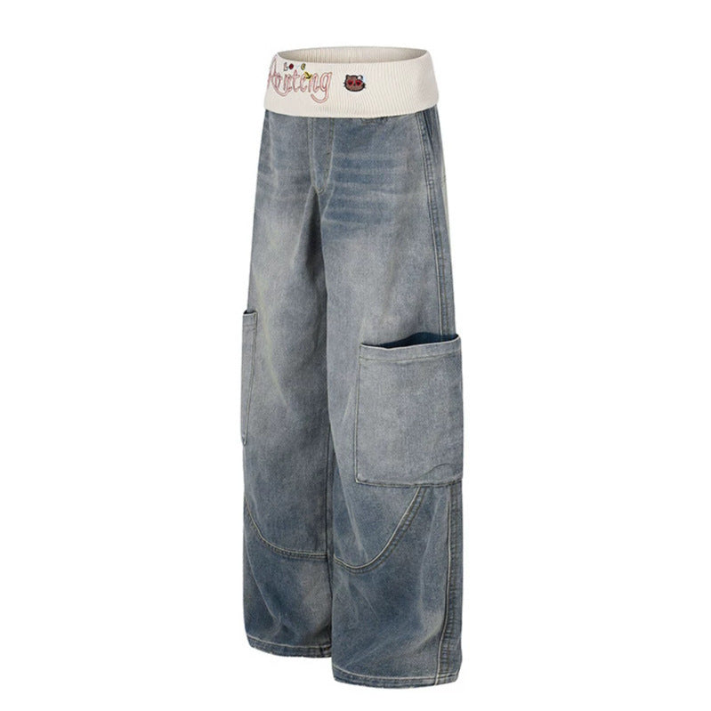 Women's Wide Denim Palazzo Cargo Pants with Comfort Ribbed Waistband and Patch Pockets Chichicherry