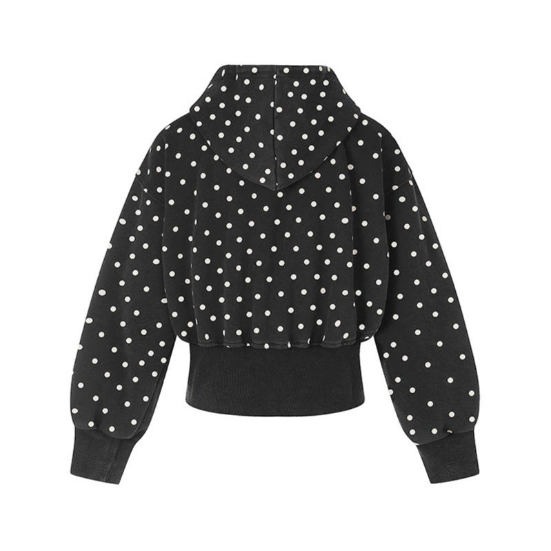 Women Short Hooded Sweat Jacket with Full Zip, Polka Dot Allover and Wide Ribbed Cuff Chichicherry