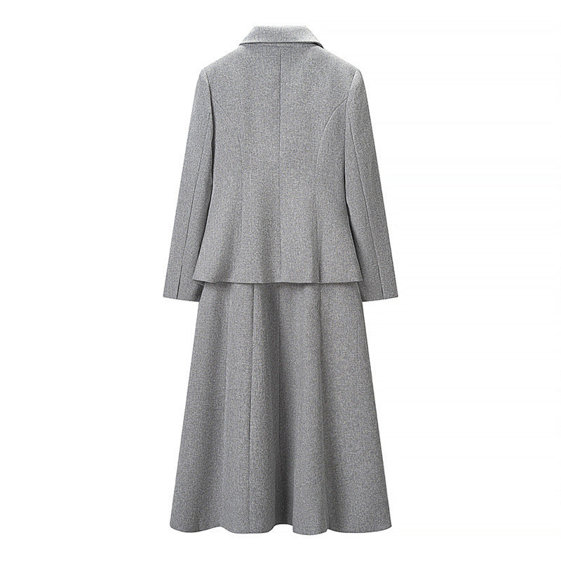 Women Two-Piece Suit made of Wool Blend with Tailored Short Blazer and Flared Midi Skirt Chichicherry