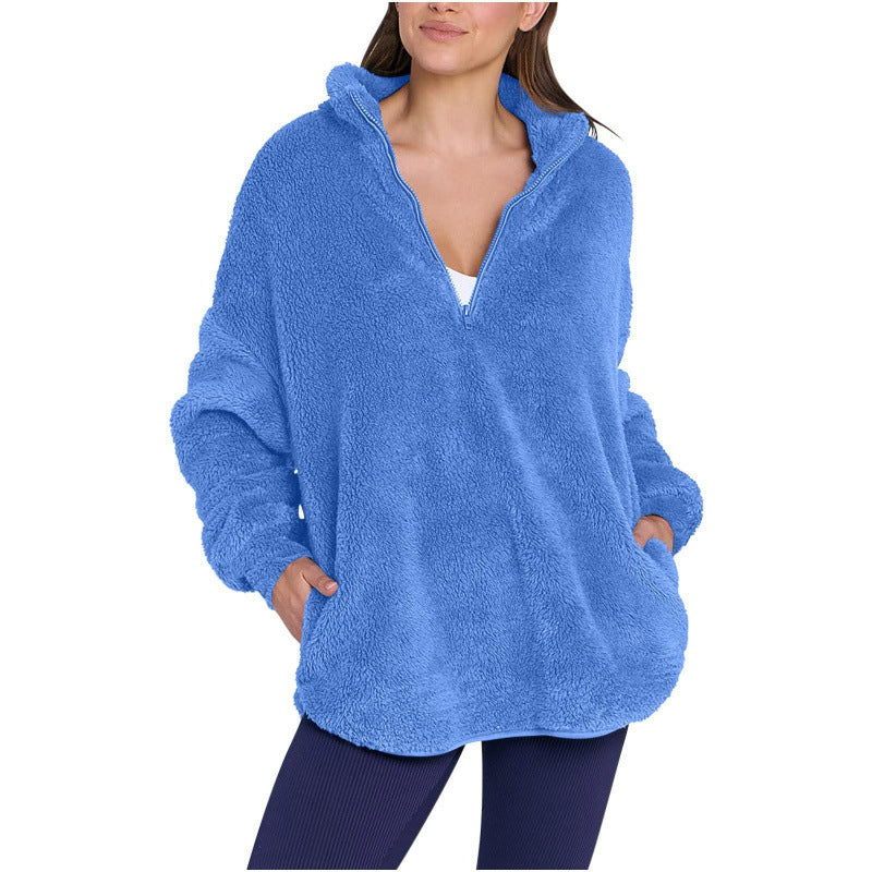 Women Fluffy Oversized Sherpa Pullover with Half Zip and Kangaroo Pockets Chichicherry