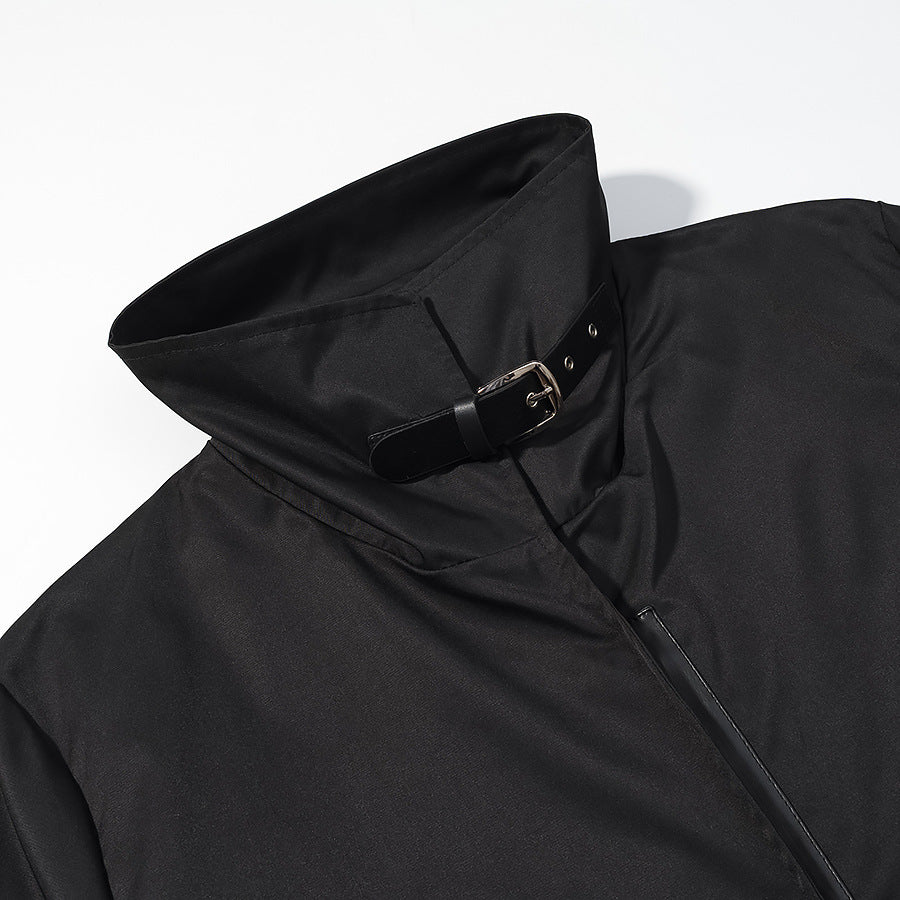 Women's Longer Minimalist Coat with High Stand-Up Collar and Concealed Front Chichicherry