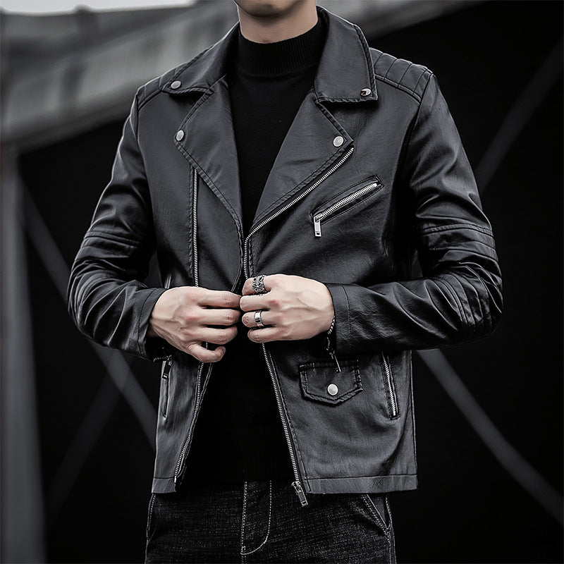 Men's slim fit faux leather moto jacket with quilted shoulder and sleeve detail Chichicherry