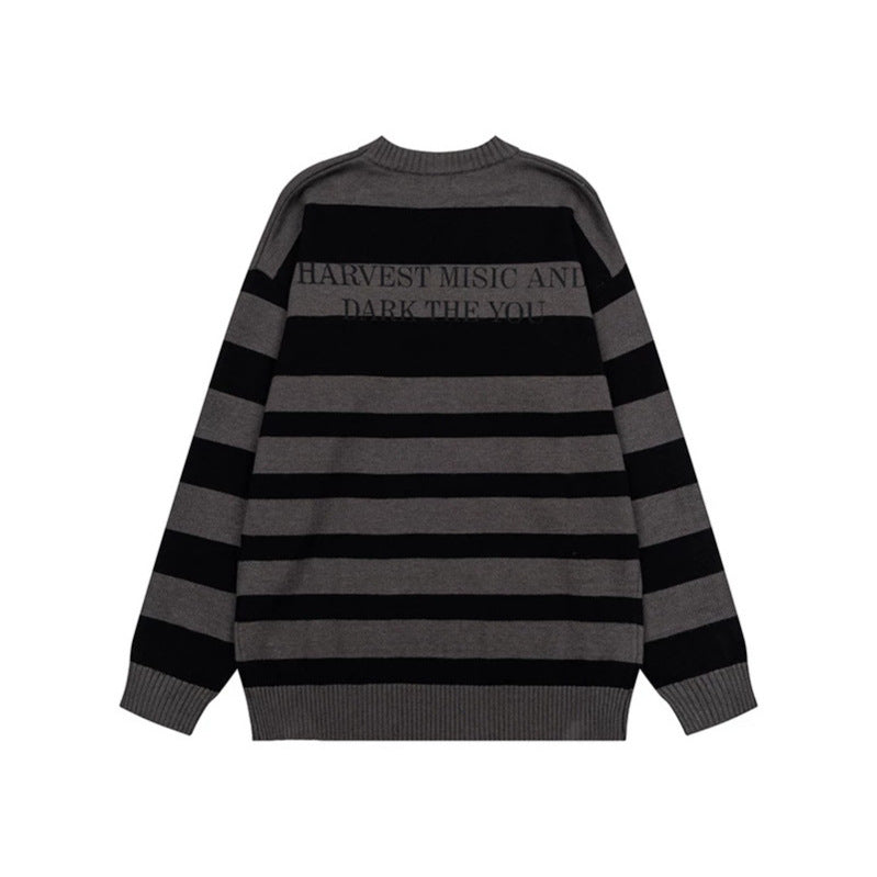 Women Striped Oversized Knit Sweater with Round Neck and Music Graphic Chichicherry