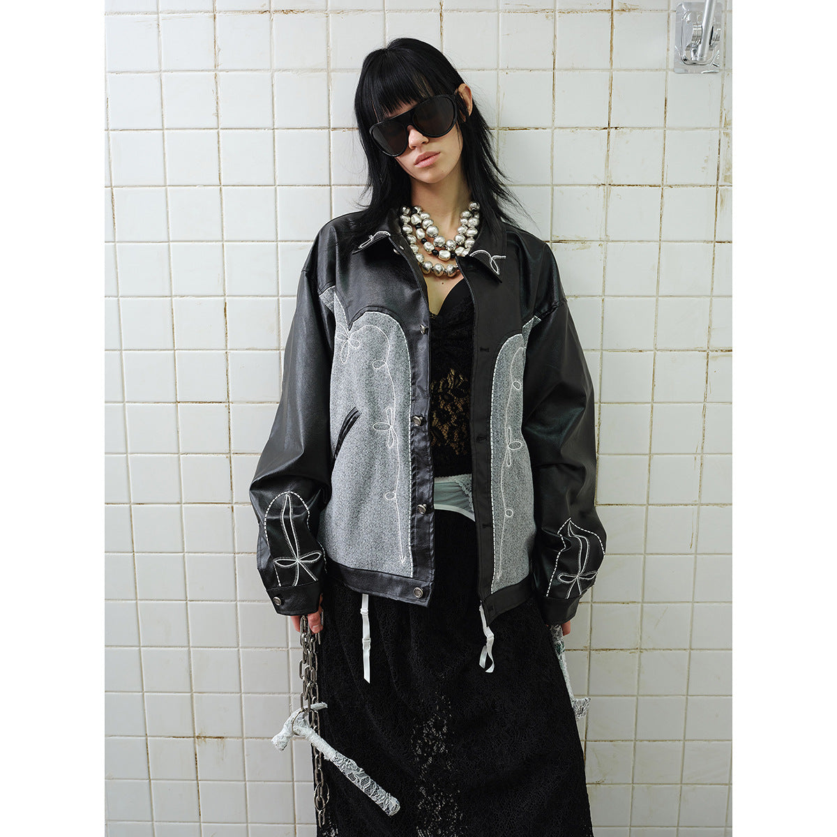 Unisex Boxy Blouson made of faux leather and wool blend with Western embroidery Chichicherry