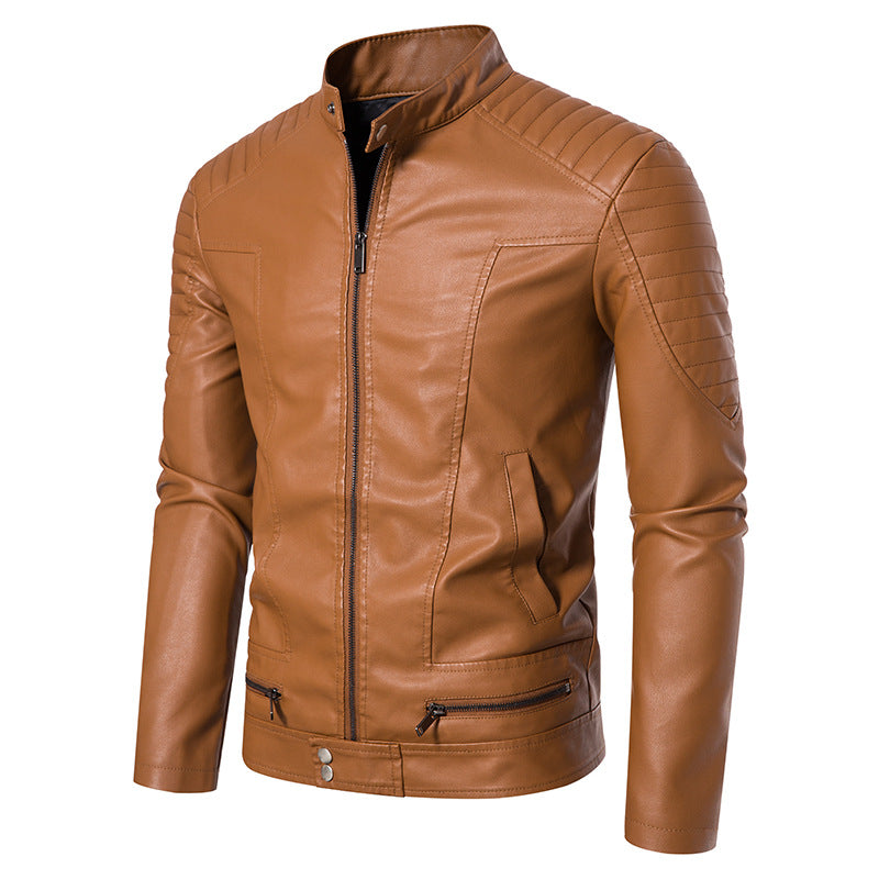 Men's Slim Biker Blouson Faux Leather Jacket with Stand Collar, Decorative Stitching and Zipper Pockets Chichicherry