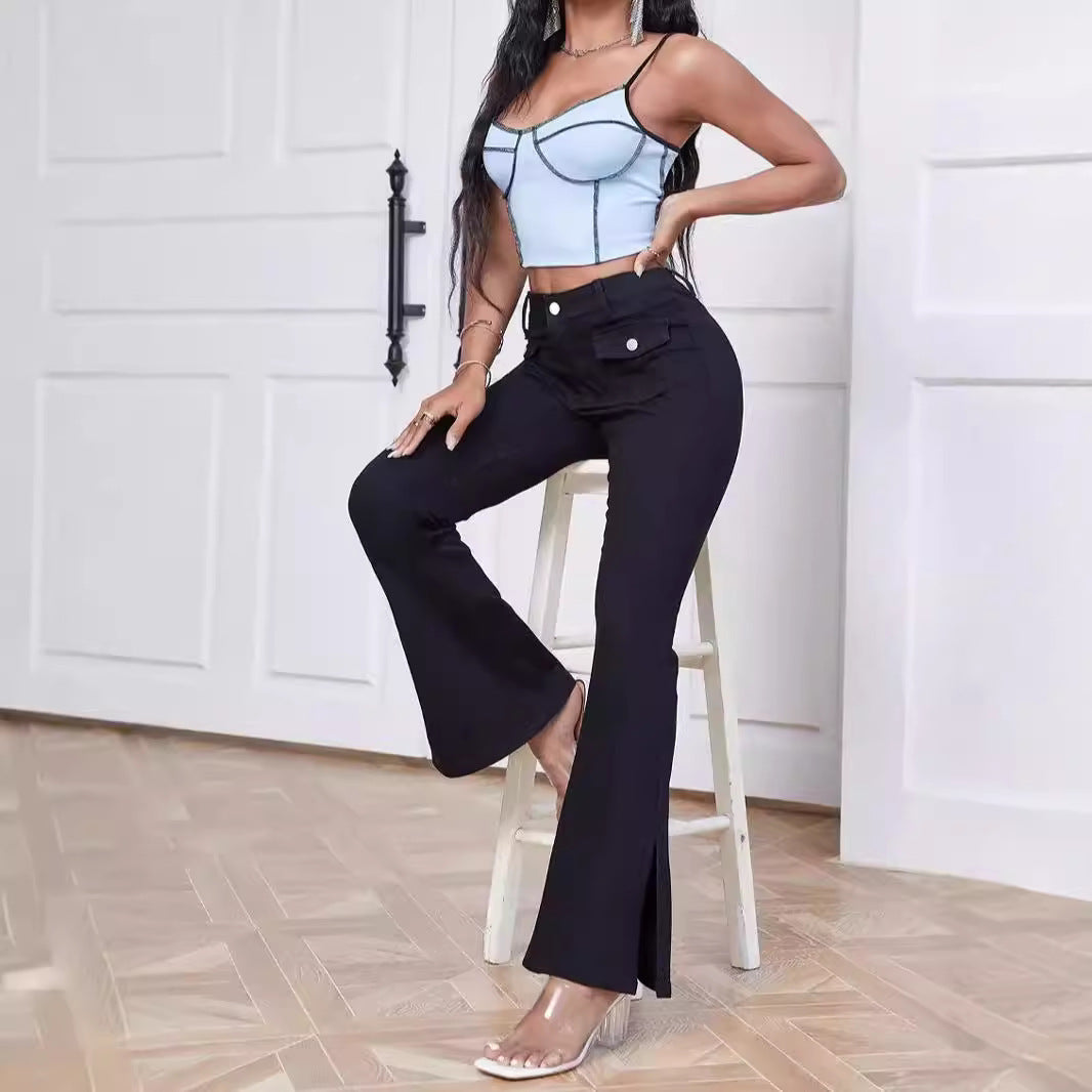Women High-Waist Flared Trousers made of Stretch Denim with Pocket Flaps and Front Slit Chichicherry