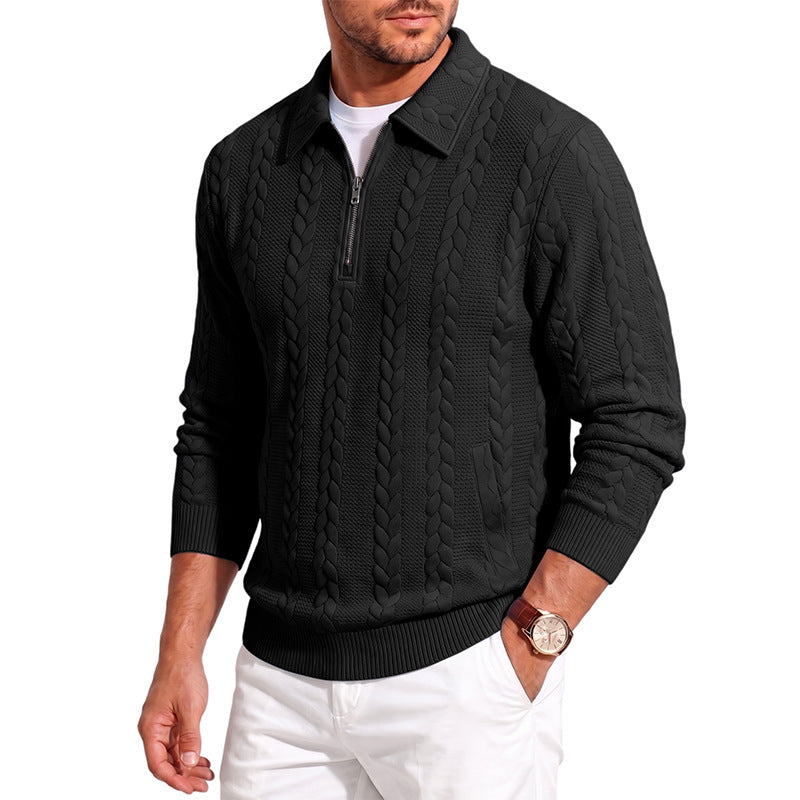 Men's finely structured knitted pullover with half-zip collar and cable pattern Chichicherry