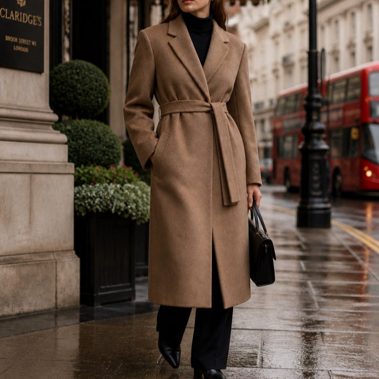 Women's Long Tailored Wool Coat with Tied Belt and Lapels Chichicherry