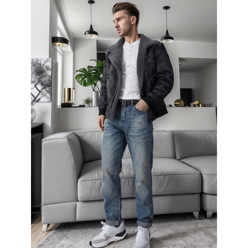 Herren Relaxed-Tapered Vintage-Jeans mit Used‑Effekt und aufgekrempeltem Saum Chichicherry