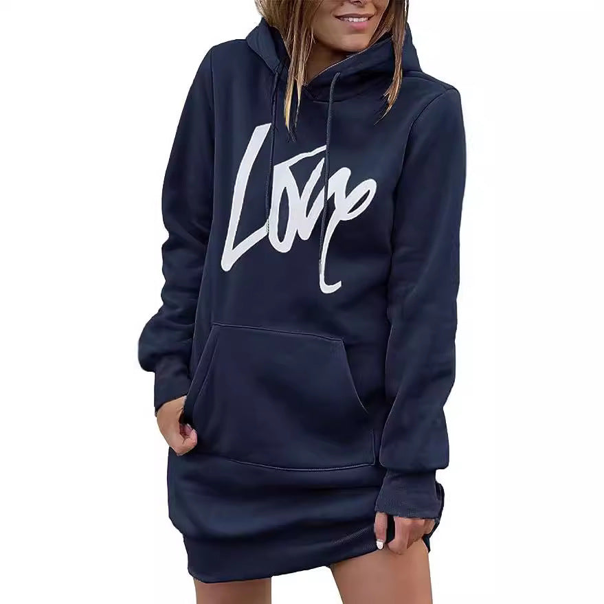 Damen Fleece-Kapuzenkleid mit Kängurutasche, Daumenlochärmeln und Oversize-Sweatshirt-Schnitt Chichicherry
