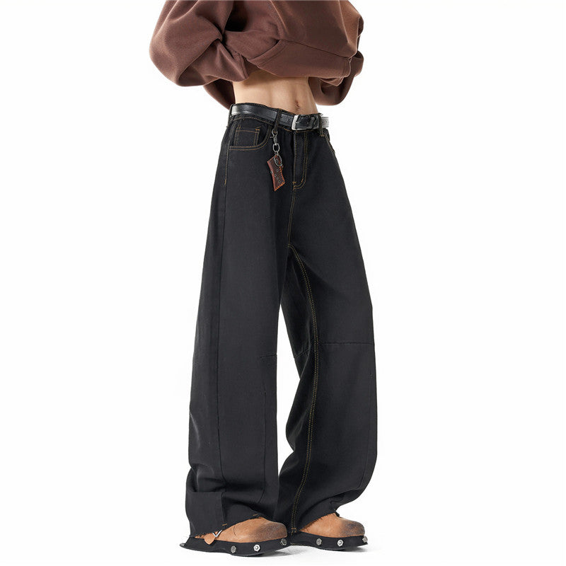 Men's wide-cut baggy jeans with high rise, knee darts, and distressed wash Chichicherry