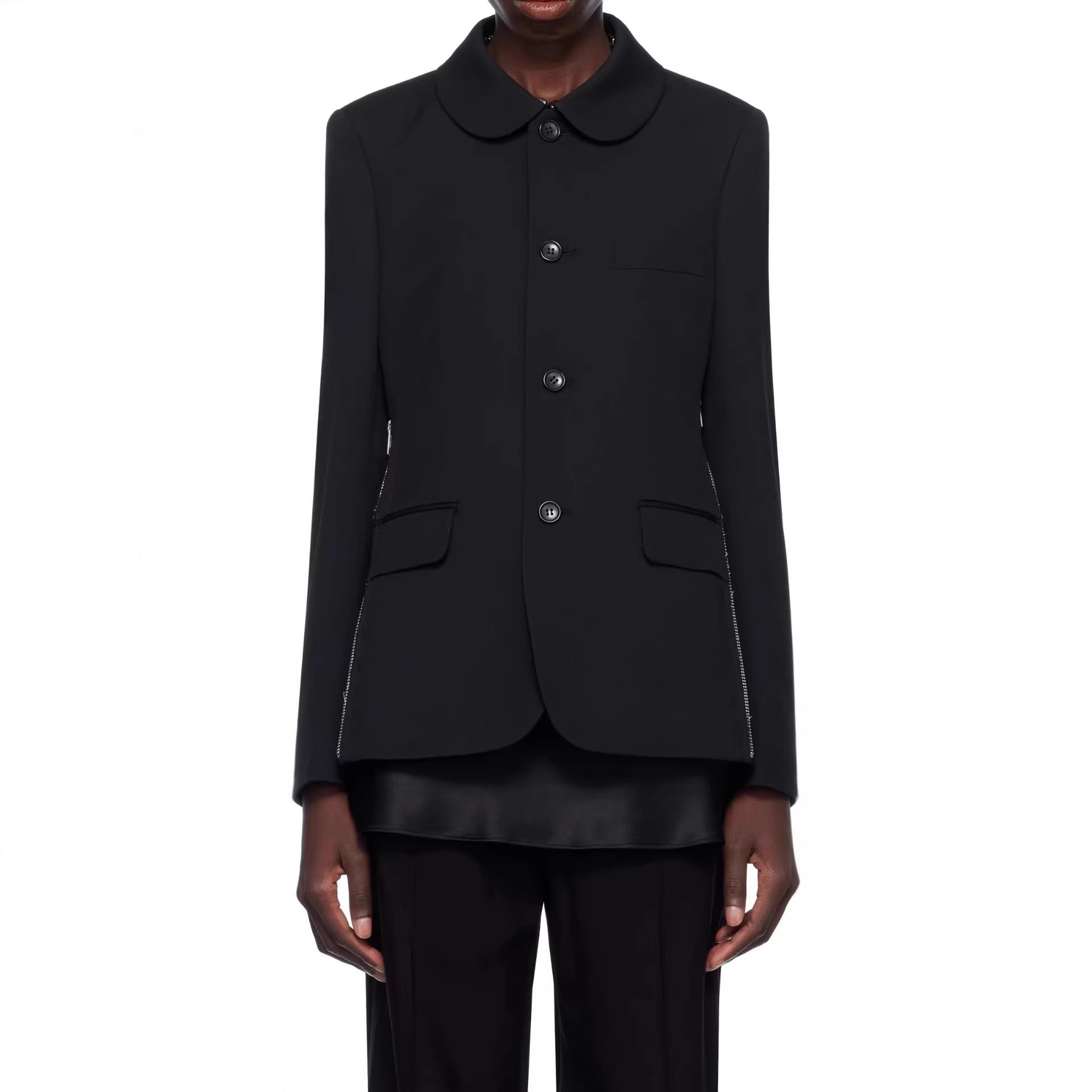 Women's blazer jacket with round Peter Pan collar, side metal zippers and flap pockets Chichicherry