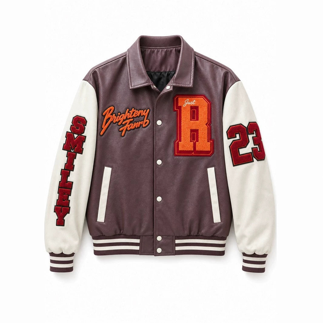 Men's college jacket in letterman style with faux leather body, contrast sleeves, and chenille patches Chichicherry