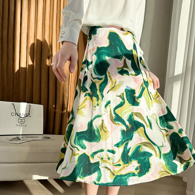Women's satin midi skirt with abstract watercolor floral print and high waist Chichicherry