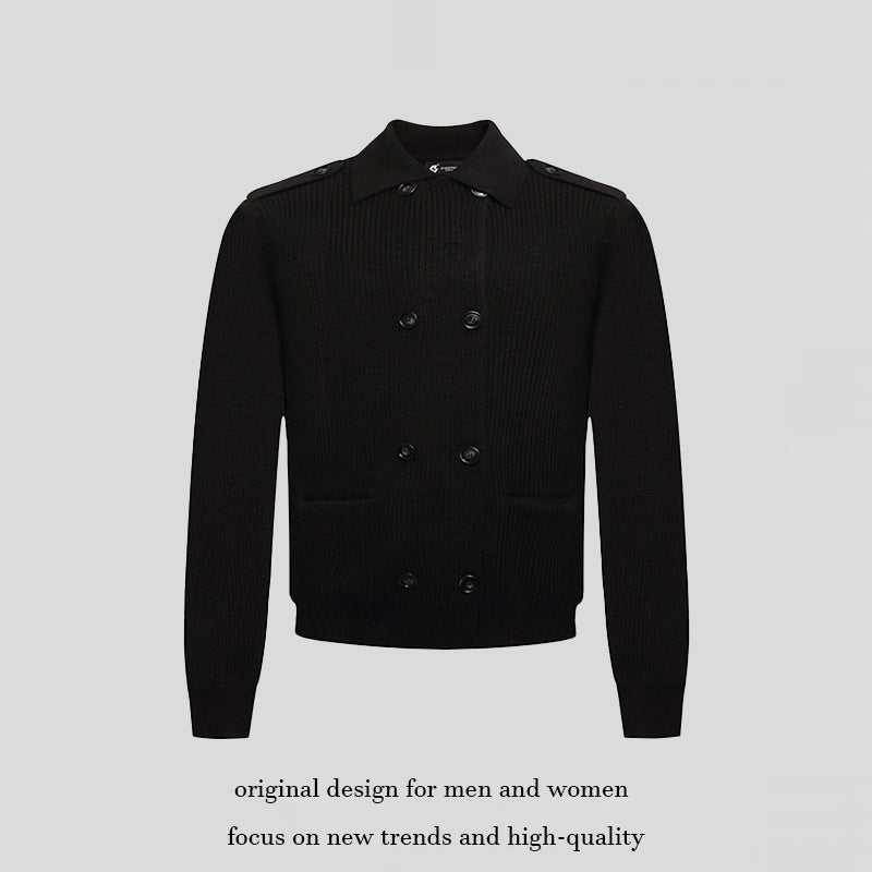 Men's knit double-breasted cardigan with collar, shoulder tabs, and welt pockets Chichicherry