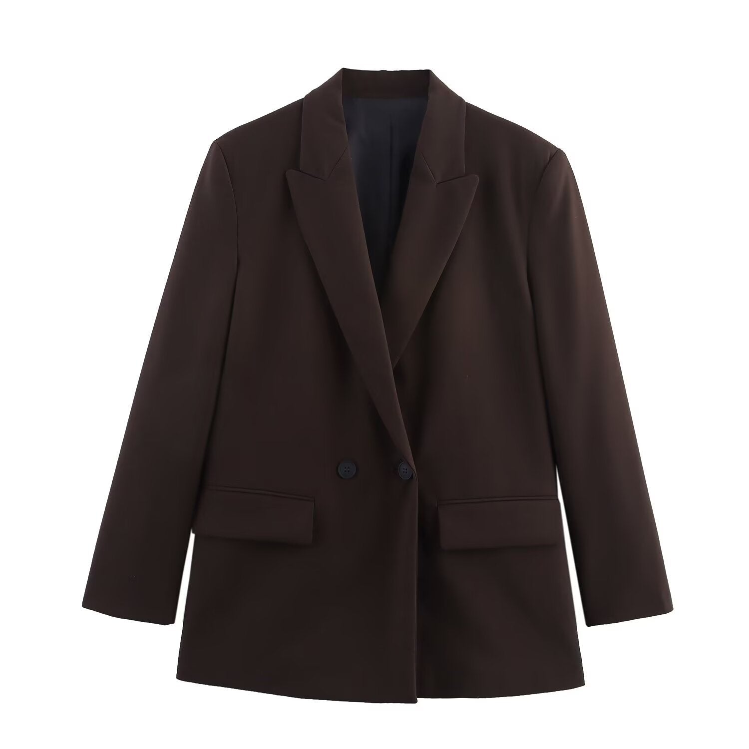 Women's Double-Breasted Blazer with Lapel Collar, Longer Oversized Cut and Flap Pockets Chichicherry