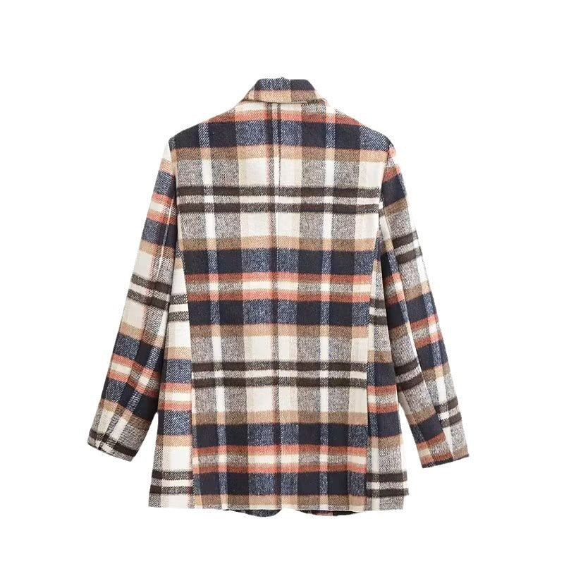 Women's Checked Wool Blend Single-Breasted Blazer with Notch Lapel and Flap Pockets Chichicherry